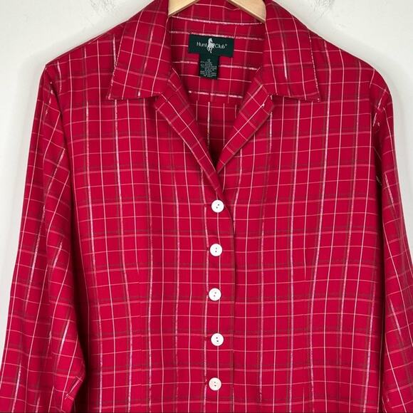 Hunt Club blouse women's 12 red plaid button front lurex long sleeve shirt - Picture 2 of 8